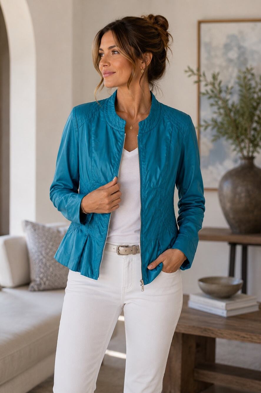 Elie Tahari Teal Zip Front Quilted Jacket Size 4 Lightweight Career Blazer